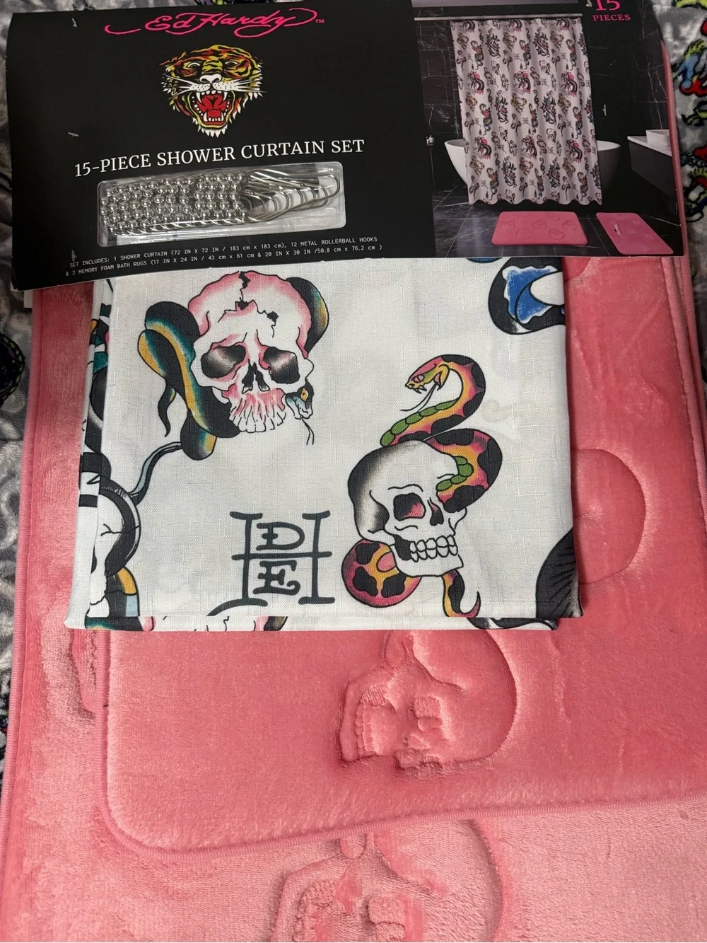 Ed Hardy Skull & Snake Shower Curtain Set in Pink
